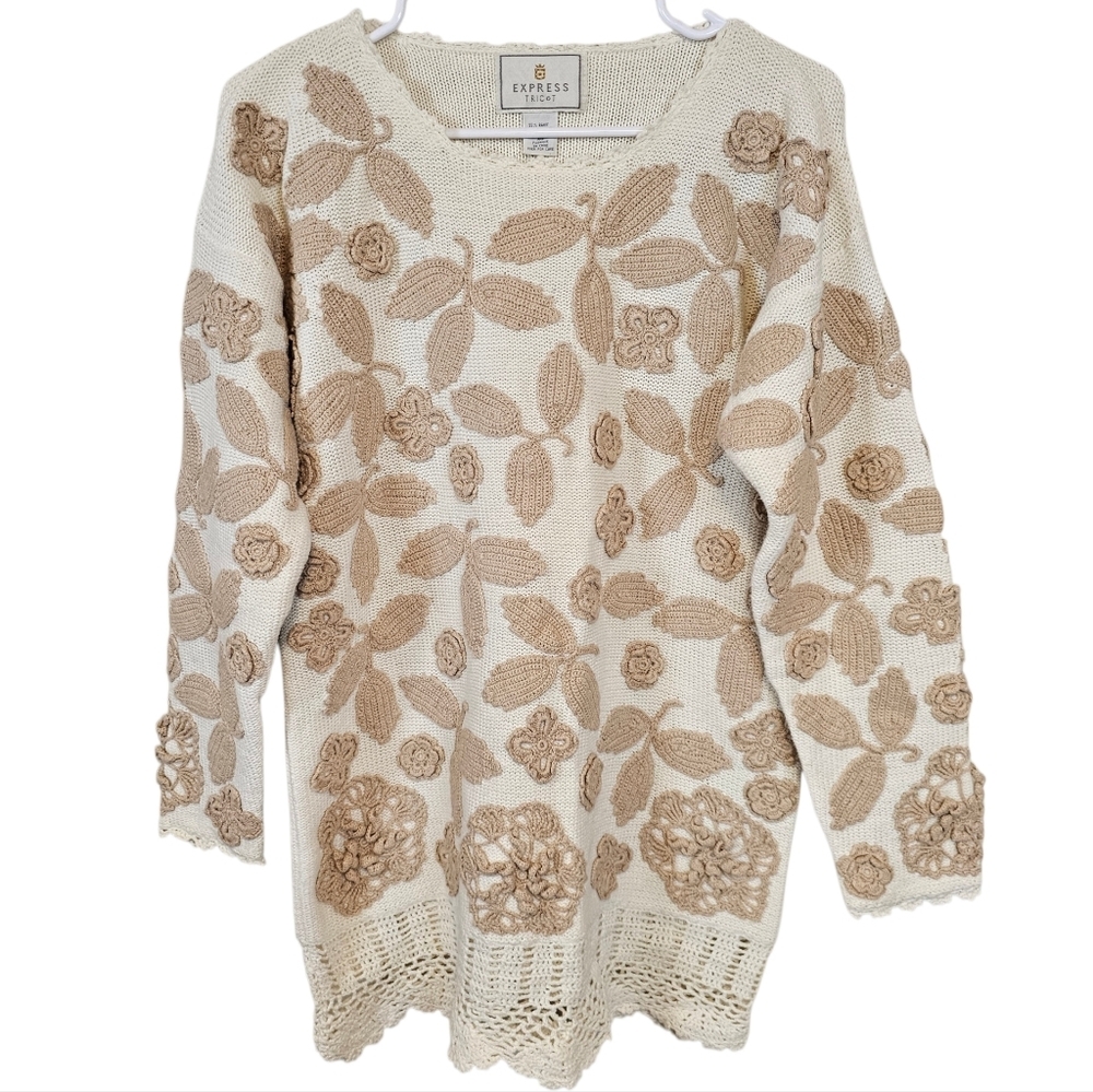 Vintage Express Tricot Knit Crochet Long Oversized Sweater Knit Rose Cottagecore